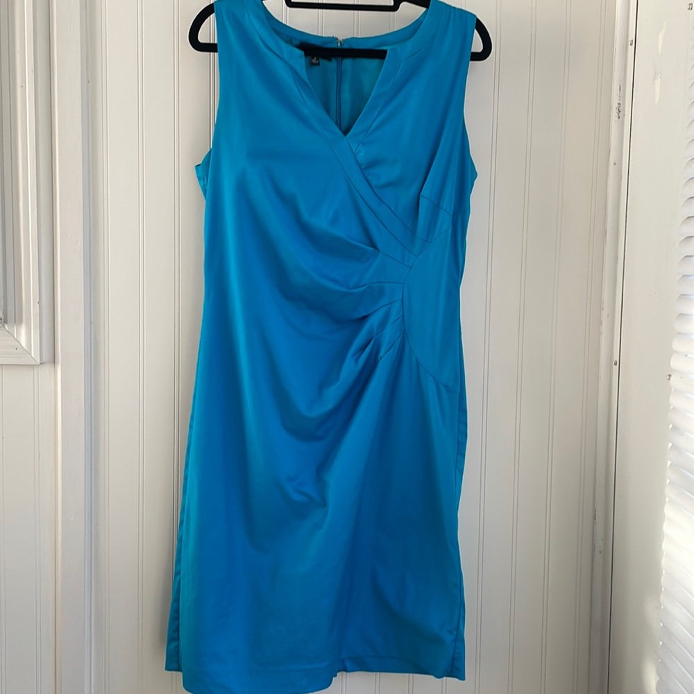 SPENCE aqua blue sleeveless V-neck sheath dress with waist gathers size 10